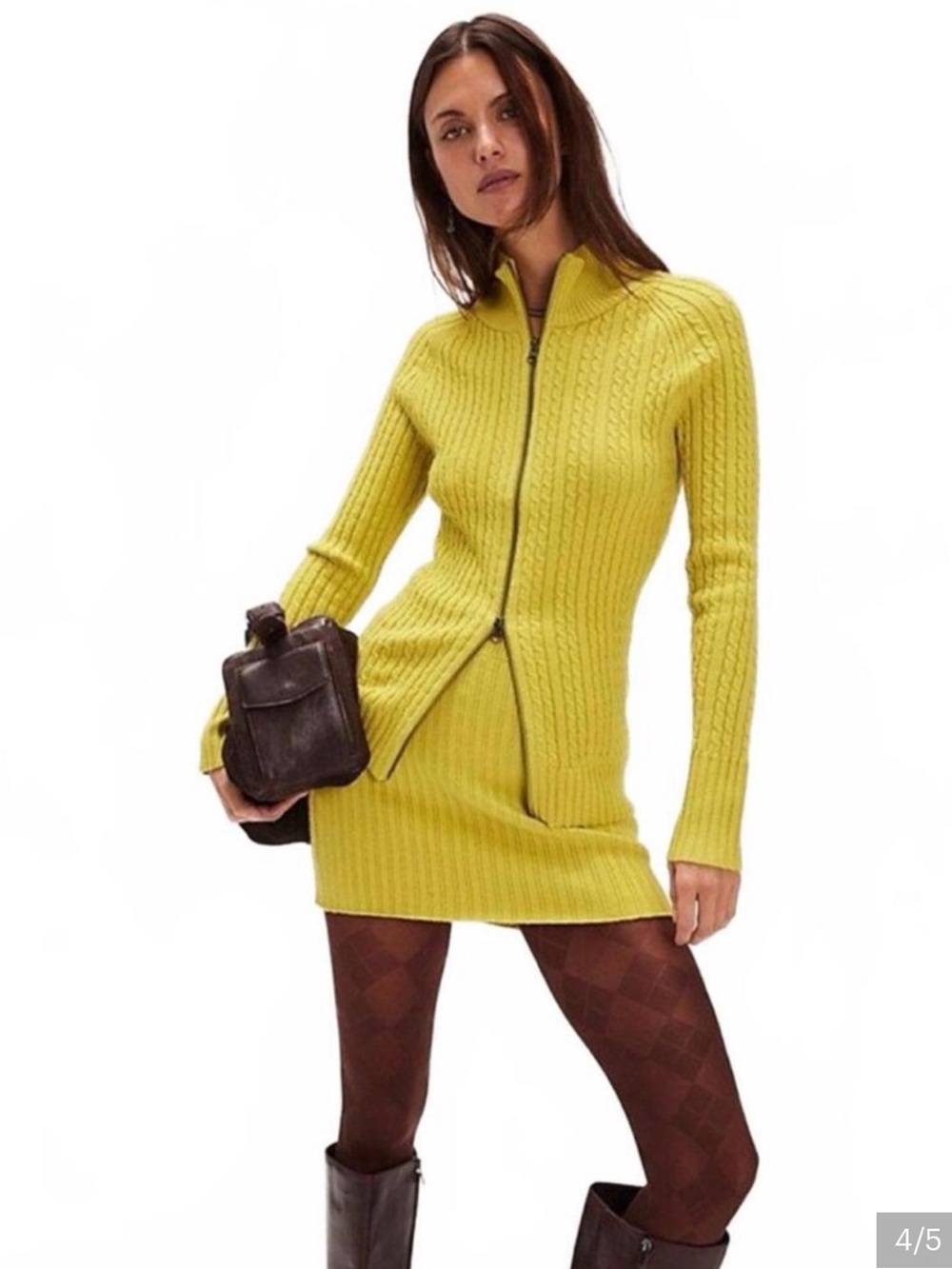 Free People Chartreuse Zip-Front Cable Knit Sweater Dress
